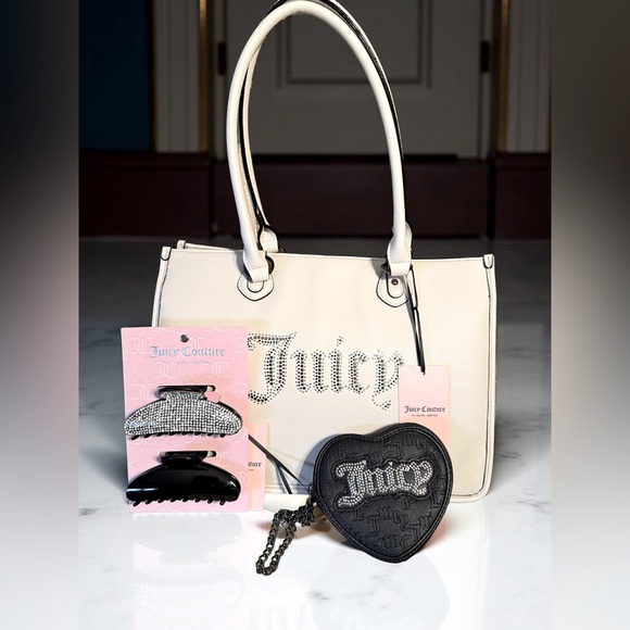 Juicy Couture Los Angeles Handbags - Juicy Couture NWT Cream Shoulder Tote & Black Heart Wristlet & Hair Clips (P192)